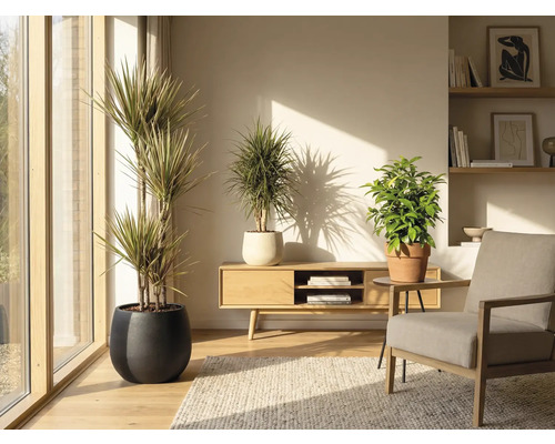 Salon avec plantes d'intérieur en pot, meubles en bois et tapis