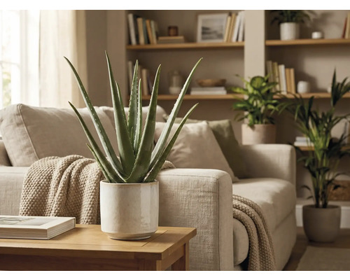 Plante d'aloe vera en pot sur une table à côté d'un canapé dans un salon.