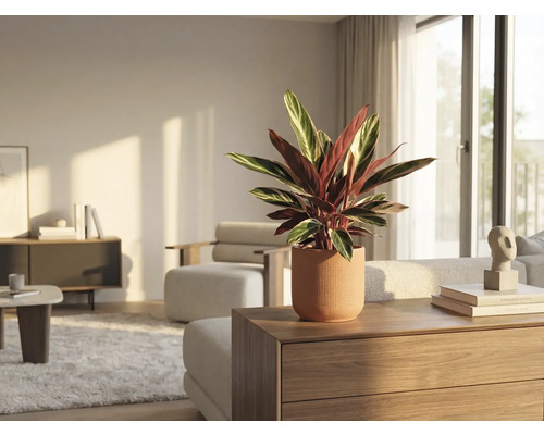 Photo d'intérieur d'un salon avec une plante de prière en pot sur une commode