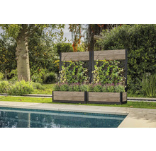 Gartenszene mit zwei Pflanzkästen und Rankgittern neben einem Pool