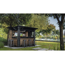 Garten mit Aussenbar und Barhockern unter Bäumen