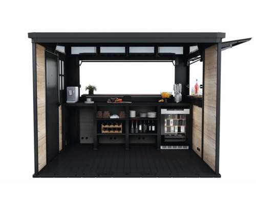 Outdoor-Bar mit Regalen, Getränkekühlschrank und Arbeitsfläche