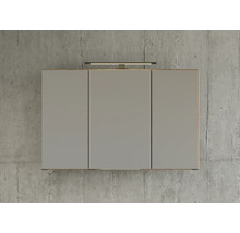 Dreitüriger Spiegelschrank für das Badezimmer mit integrierter LED-Aufsatzleuchte vor einer Wand in Betonoptik.
