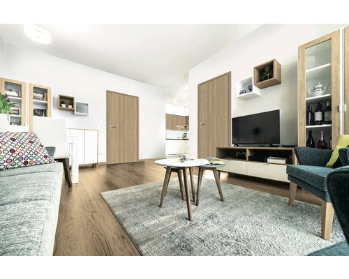 Wohnzimmer mit Möbeln, Teppich und Innentüren