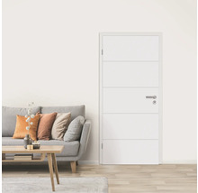 Porte intérieure claire avec des moulures horizontales dans un salon