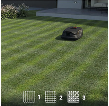 Rasenroboter auf Rasenfläche mit Mähbeispiel