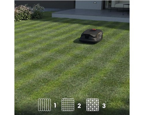 Rasenroboter auf Rasenfläche mit Mähbeispiel