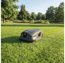 Rasenmähroboter auf einer Rasenfläche im Garten