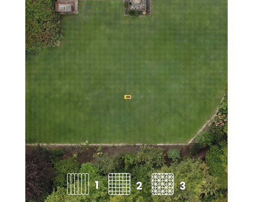 Vue de dessus d'une pelouse avec un robot tondeuse et les motifs de tonte