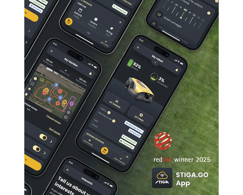 Plusieurs smartphones présentent l'application STIGA.GO pour commander les robots de tonte