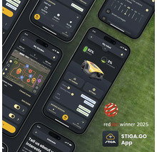 Mehrere Smartphone-Bildschirme zeigen die Bedienoberfläche einer App zur Steuerung eines Robotermähers, inklusive Anzeige der Mähzonen und des Batteriestatus. Red Dot Winner 2025 Auszeichnung und STIGA.GO App Logo sind sichtbar.