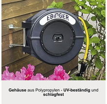 EBInger enrouleur de tuyau avec tuyau jaune monté sur un mur en bois