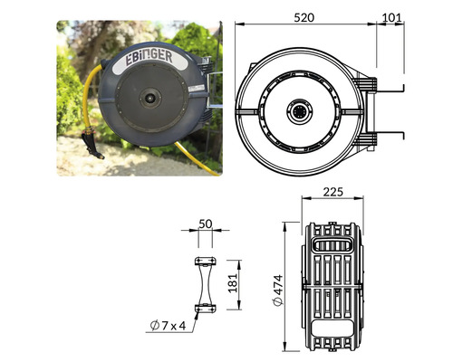 Boîtier de tuyau d'arrosage Ebingers avec tuyau jaune et indications de dimensions