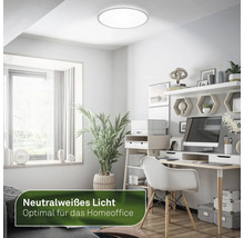 Aménagement de bureau lumineux avec bureau, chaise et plafonnier rond