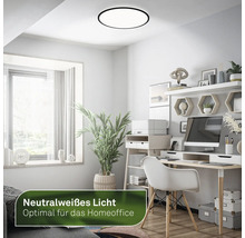 Plafonnier dans un bureau à domicile avec bureau, étagères et plante d'intérieur.