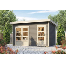 Abri de jardin gris avec porte double et fenêtres