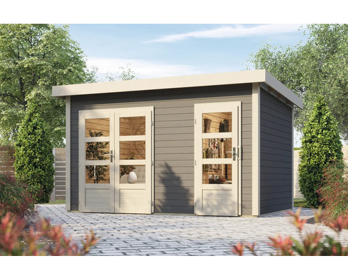 Abri de jardin gris avec porte double et fenêtres