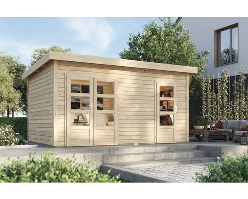 Holzgartenhaus mit Doppeltür und Fenstern im Garten