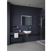 Salle de bain avec lavabo, miroir, porte-serviettes et douche