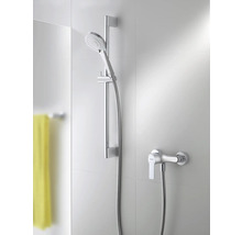 Brausegarnitur mit Handbrause und Armatur an einer gefliesten Wand