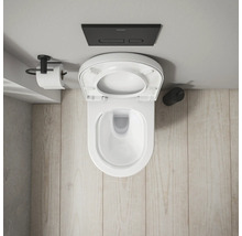 Aufnahme von oben einer Toilette mit geöffnetem Deckel, Toilettenpapierhalter und Spültaste.