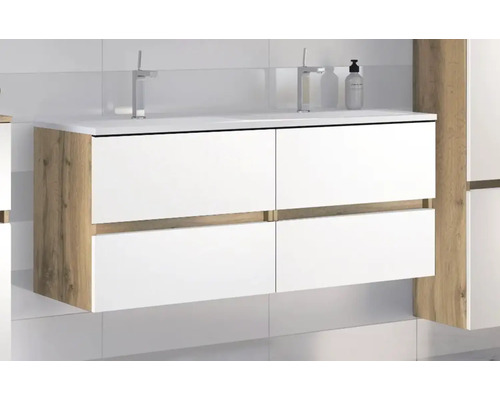 Hängender Doppel-Waschbeckenunterschrank in Weiß und Holzoptik mit vier Schubladen und zwei Armaturen.