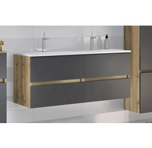 Moderner Wand-Waschtischunterschrank mit Doppelbecken, vier anthrazitfarbenen Schubladen und Akzenten in Eichenoptik.