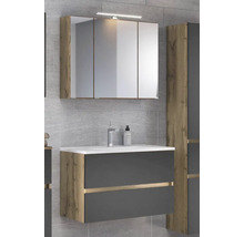 Badezimmer-Set mit Waschtisch, Spiegelschrank mit Beleuchtung und Hochschrank in Anthrazit und Holzoptik.