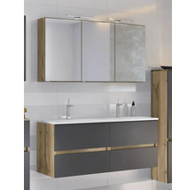 Modernes Badezimmermöbel-Set in Anthrazit und Holzoptik mit Doppelwaschtisch, dreitürigem Spiegelschrank mit Beleuchtung und Hochschrank.