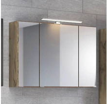 Armoire de toilette pour salle de bains avec trois portes, corps aspect chêne et applique LED.