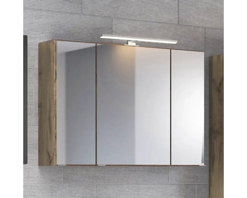 Armoire de toilette pour salle de bains avec trois portes, corps aspect chêne et applique LED.