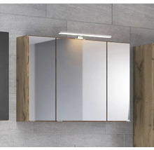 Dreitüriger Spiegelschrank für das Badezimmer mit integrierter LED-Beleuchtung und Korpus in Holzoptik.