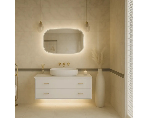 Modernes Badezimmer mit Waschtisch, Spiegel mit Beleuchtung und dekorativen Elementen