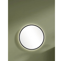 Runder Badezimmerspiegel mit schwarzem Rahmen, LED-Hintergrundbeleuchtung und Touch-Sensor.