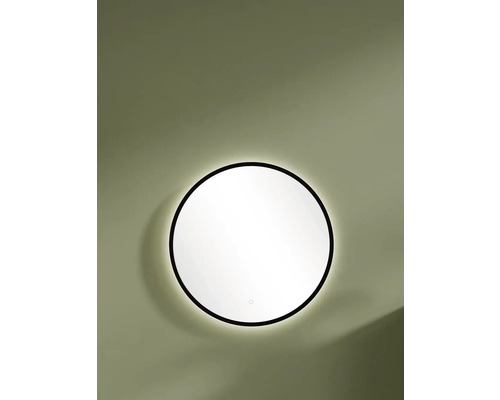 Runder Badezimmerspiegel mit schwarzem Rahmen, LED-Hintergrundbeleuchtung und Touch-Sensor.