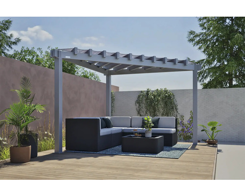 Terrasse mit grauem Pavillon und Lounge-Garnitur