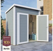 Abri de jardin avec portes ouvertes, outils de jardin à l'intérieur