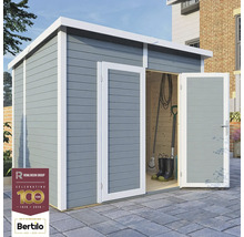 Abri de jardin en bois avec double porte et outils à l'intérieur