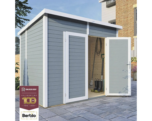 Abri de jardin en bois avec double porte et outils à l'intérieur