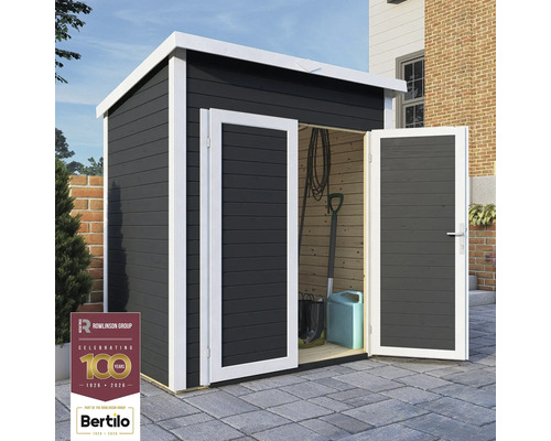 Abri de jardin avec double porte et outils de jardin