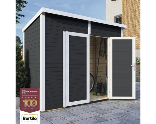 Abri de jardin avec double porte, structure en bois et logo Rowlinson Group