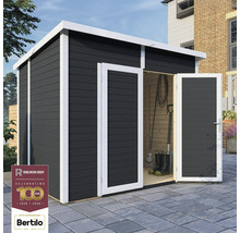 Abri de jardin avec portes doubles ouvertes pour le rangement des outils de jardin