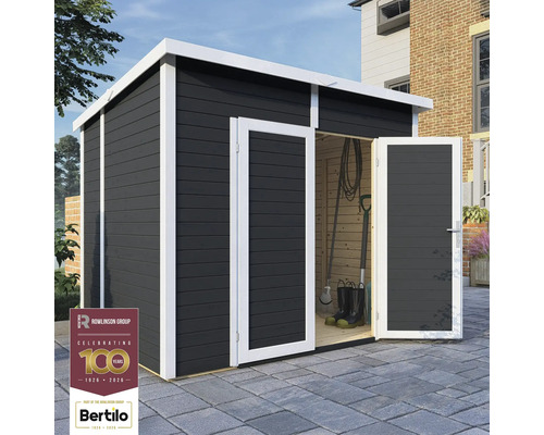 Abri de jardin avec portes doubles ouvertes pour le rangement des outils de jardin