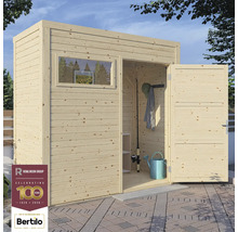 Abri de jardin en bois avec fenêtre et porte ouverte