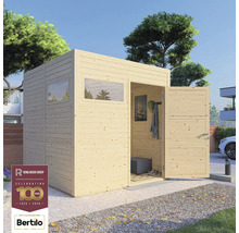 Abri de jardin en bois avec fenêtre et double porte ouverte