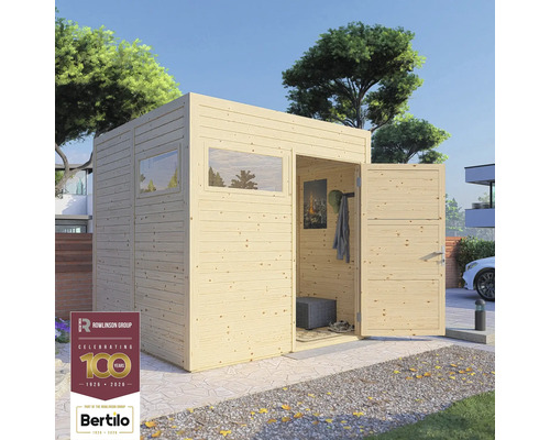 Abri de jardin en bois avec fenêtre et double porte ouverte