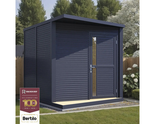 Abri de jardin moderne avec toit plat et porte avec fenêtre.