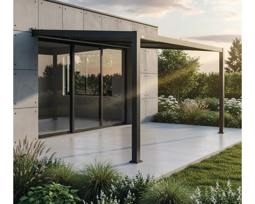 Moderne Terrassenüberdachung aus Metall mit Gartenblick