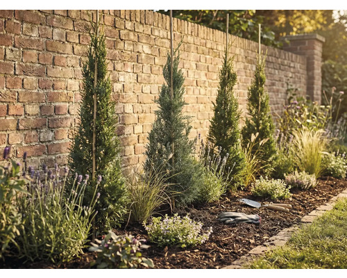 Espace de jardin aménagé avec des cyprès, de la lavande et du paillis