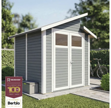 Abri de jardin avec toit monopente, façade en bois gris et double porte avec fenêtres.